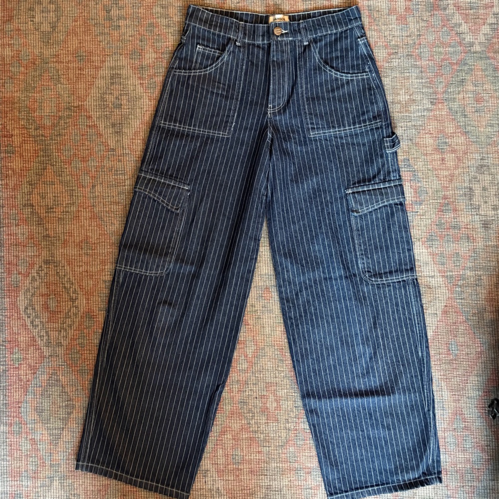 Striped Navy Boot-Cut Cargo Jeans for Women